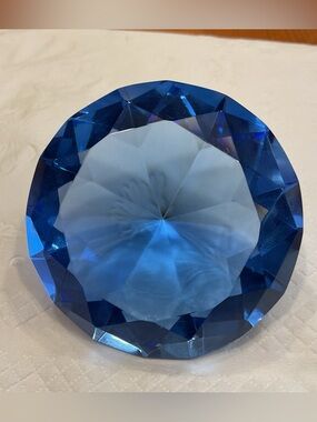 COBALT GLASS DIAMOND FACETED PAPERWEIGHT CUSHION CUT MASSIVE BAUBLE VINTAGE Y2K
